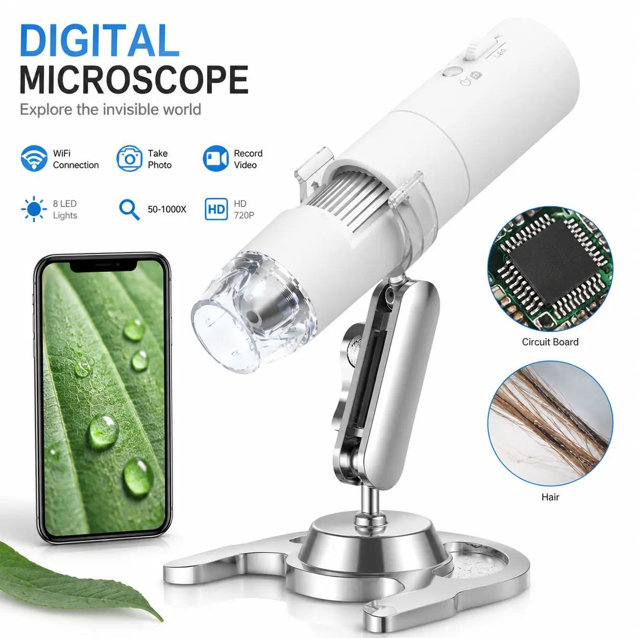 1000X WiFi Digital Microscope with LED Light, HD Handheld USB Microscope Camera for iPhone Android Windows Mac, Wireless Pocket Microscope with Adjustable Stand, Magnifying Glass for Coin Jewelry Circuit Board Plant Inspection Education Hobby