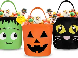 3 Pack Halloween Trick or Treat Bucket Pumpkin Cat Monster Candy Basket Tote Bag with Handle Portable Candy Holder Bag Goodie Bags for Party Favor