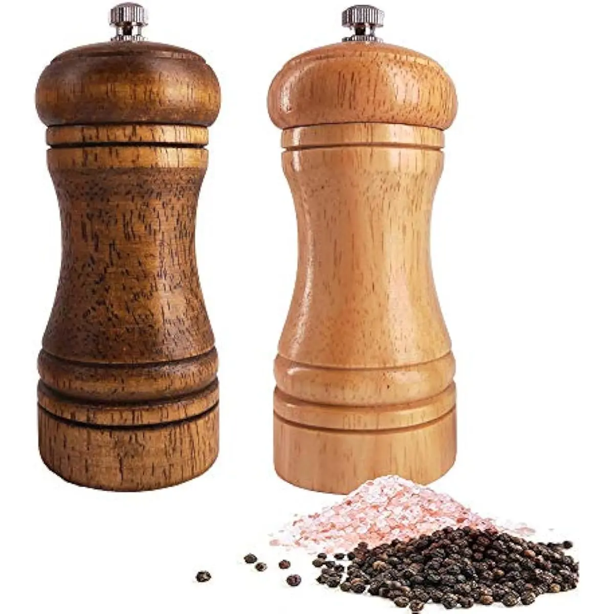 Salt and Pepper Grinders Set, Manual Wooden Salt and Pepper Mills Shakers, Ceramic Rotor with Strong Adjustable Coarseness (5.5inch)