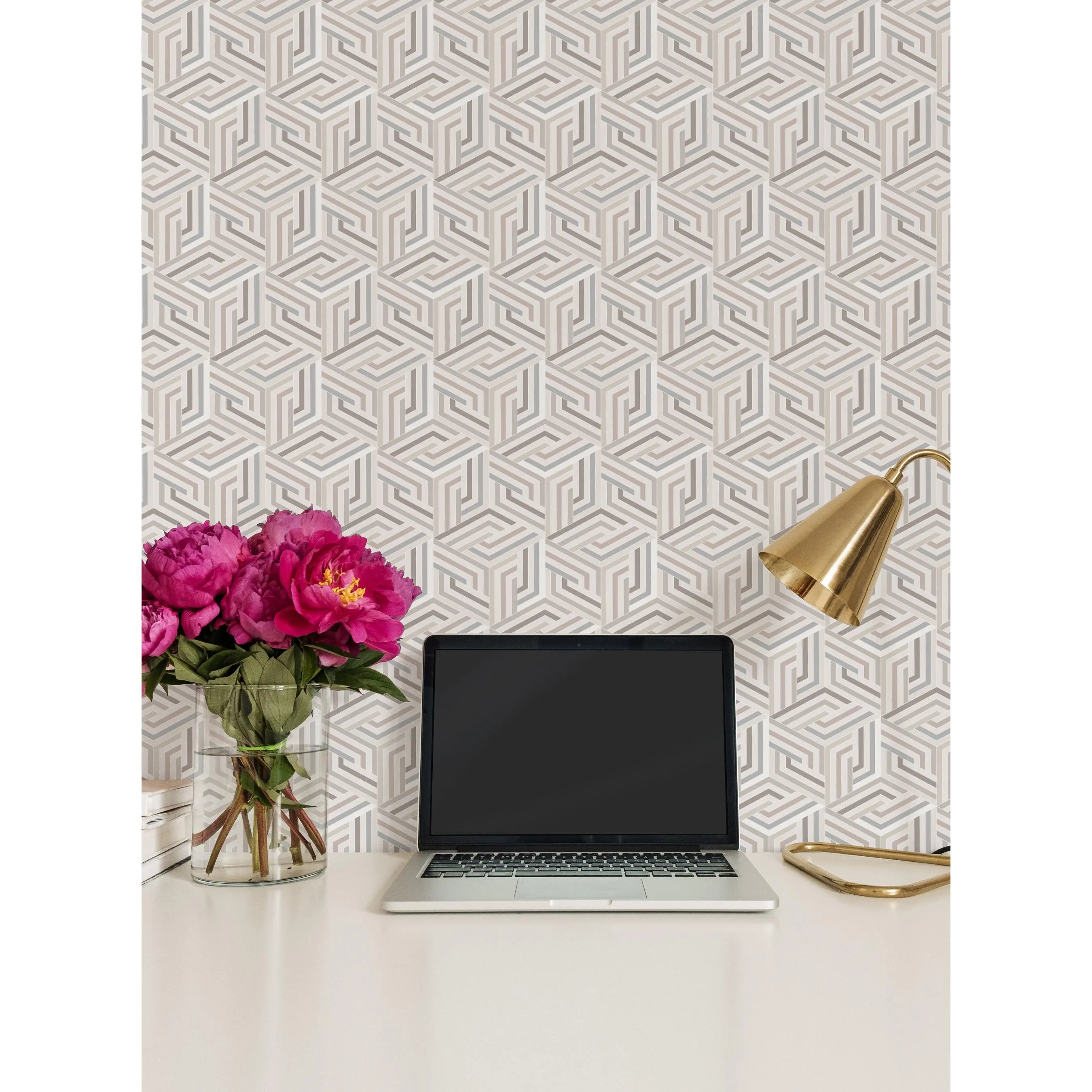 OP Art Line Abstract Cubes Textured Vinyl Peel and Stick Temporary Wallpaper, Renter-Friendly Accent Wall Decor for Indoor Home Use