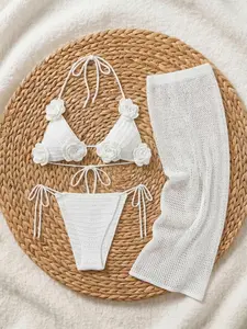 EDOLYNSA white flower bikini set women's Knitted beach wear swimsuit Sexy Transparent hollow out Halter Neck Bikini Swimwear Half Skirt Holiday crochet cover up cozy outfit K160 Ruched Bikini Bottoms
