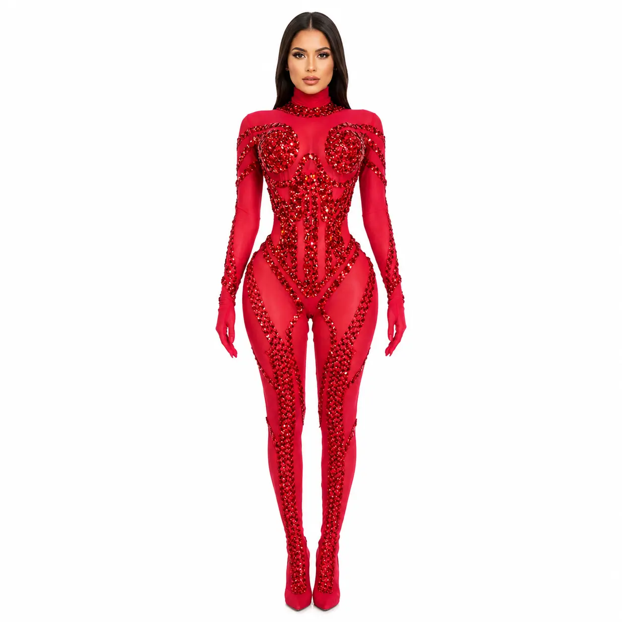 Women's Sparkly Rhinestone Jumpsuit, Comfortable Long Sleeve Stage Costume in Stretchy Fabric for Dance, Festivals & Party Wear, Women's Clothes, Bold Rhinestone Look, Front+Back Sparkle, Stage Ready, Rhinestones