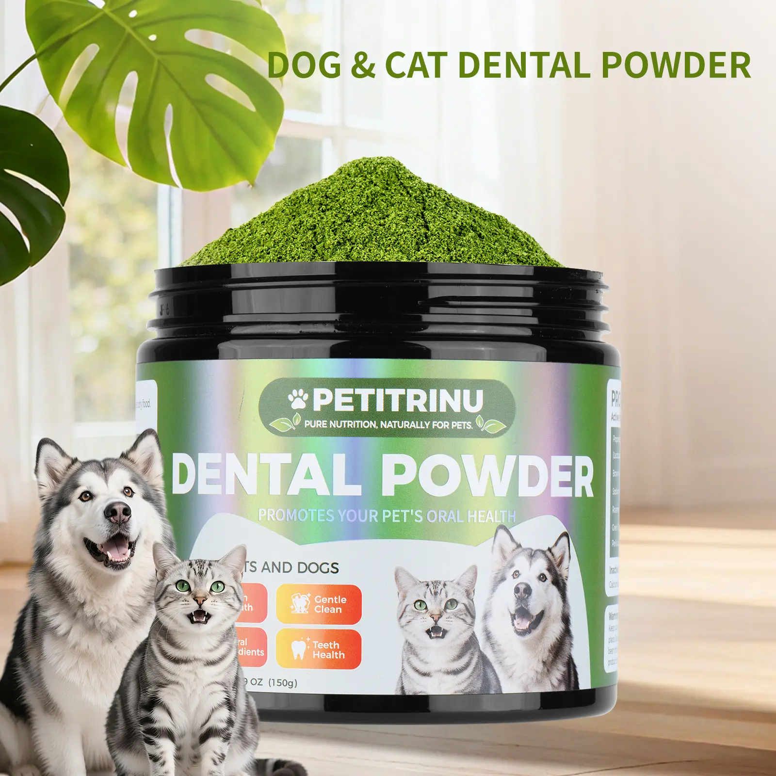 Petitrinu Pet Dental Powder for Dogs & Cats, Natural Oral Care Powder, Freshens Bad Breath, Helps Reduce Plaque & Tartar, Supports Gum & Teeth Health, No Brushing Required, Easy Mix with Pet Food, 5.29oz /150g