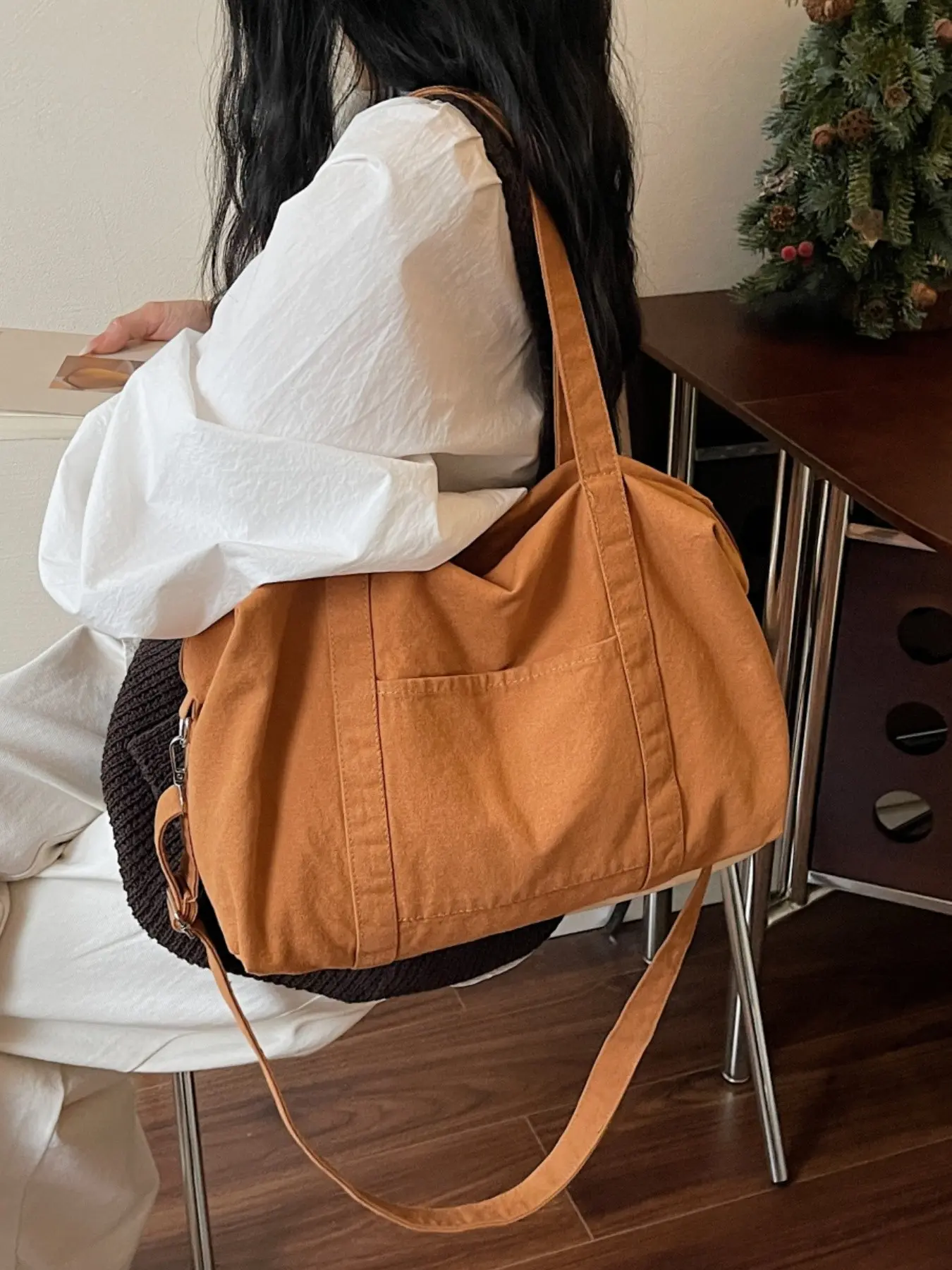 2026 New Korean Style Solid Color Canvas Tote Bag, Large Capacity Shoulder Crossbody Bag, Student Commuter Washable Canvas Bag, Lazy Chic Simple Versatile Bag