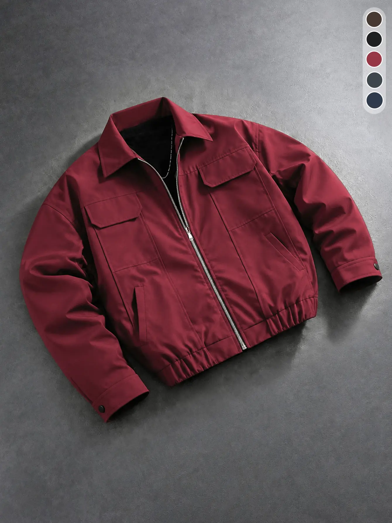 Men’s burgundy workwear jacket with a classic shirt collar, large patch pockets at the front, a relaxed drop-shoulder fit, structured woven fabric, and a minimalist workwear style for spring and autumn.
