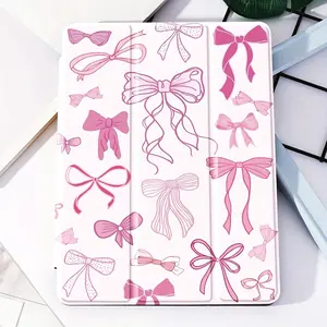 Pink bow pattern, with adjustable bracket and pen slot, foldable non-slip TPU protective case, suitable for iPad mini, iPad Air, iPad Pro/iPad 10th generation, 11th generation and other series of iPad protective cases