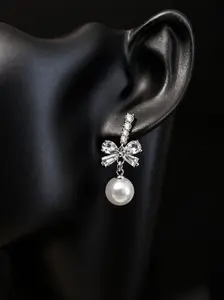 CZ Bow Pearl Drop Earrings – 925 Sterling Silver Post