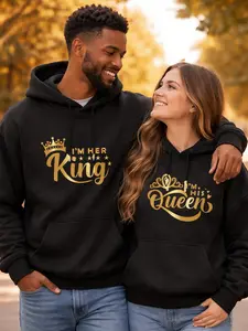 King and Queen Matching Couple Black Hoodies Unisex Shiny Gold Design Fitted All Seasons Womenswear Coordinate Clothing Elegance Polyester Style outdoorfun