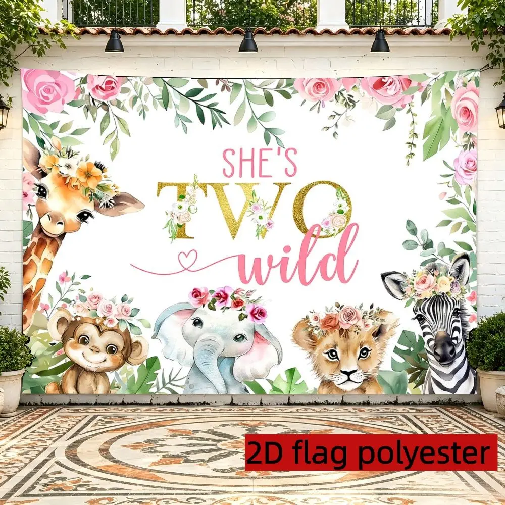 2D Flat 1PC Polyester She's Two Wild Backdrop Safari Animal Watercolor Floral Decor for Indoor & Outdoor Themed Party, Jungle Gathering, Photo Booth, Wall Decor, Home Decoration, Event Background, Available in Multiple Sizes