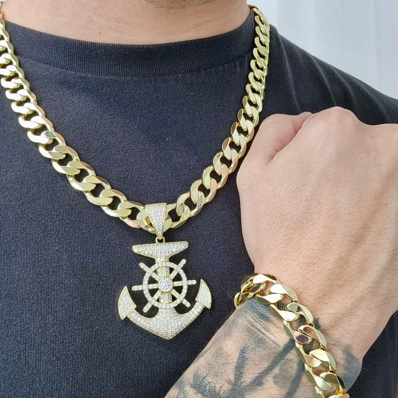 ViOrO 14K Gold Plated 12mm Cuban Link Chain with Bracelet and Zircon Anchor Pendant for Dairy Use. Electro Laminated Premium Jewelry