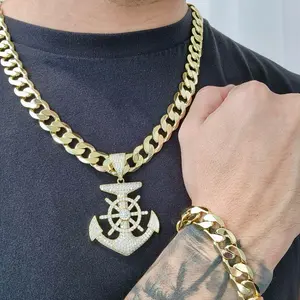 ViOrO 14K Gold Plated 12mm Cuban Link Chain with Zircon Anchor Pendant for Dairy Use. Electro Laminated Premium Jewelry
