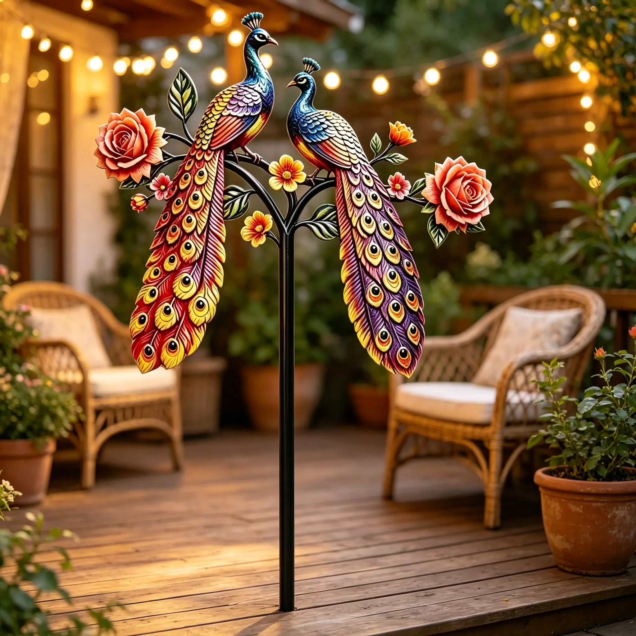 Upgraded thickened rust-resistant colorful metal dual peacock garden stake