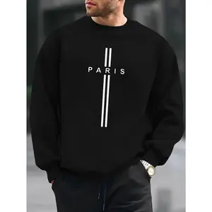 Men's Crew Neck Sweatshirt - Black Casual Long Sleeve Pullover with White Lettering Regular Fit Machine Washable Fashionable Top for Fall and Winter Comfortable Fabric