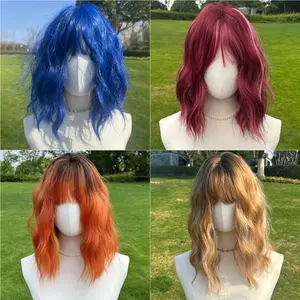 SMILCO 14Inch Ombre Brown to Orange Short Curly Bangs Bob Wig SM452 SM493 SM446 SM429 SM210-9 SM210-31 Heat-resistant Synthetic Fiber One Size Fits Most Adjustable Straps Versatile Trendy Style