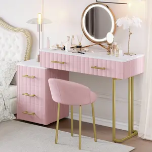 Velvet Upholstered Vanity Desk with Chair, Vanity Set with 5 Big Drawers, Makeup Table with Padded Chair, Marble-Look Sticker Top Dressing Table with Left/Right Adjustable Storage, Pink