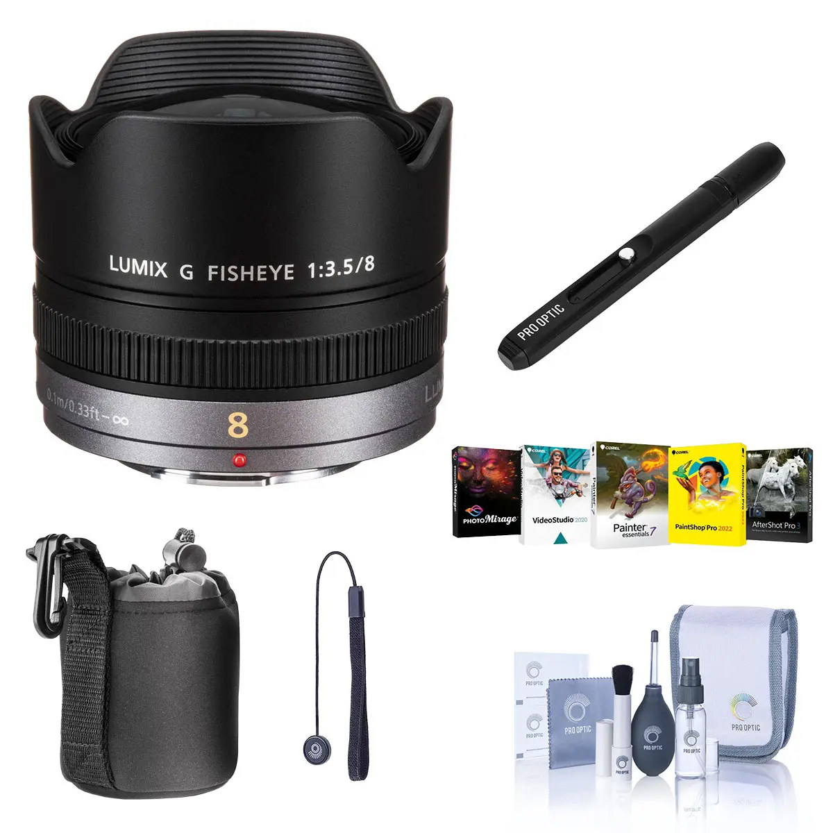 Panasonic Lumix G Fisheye 8mm f/3.5 Lens for Micro Four Thirds, Bundle with Cleaning Kit, Lens Case, Lens Cleaner, Lens Cap Tether, Software Kit