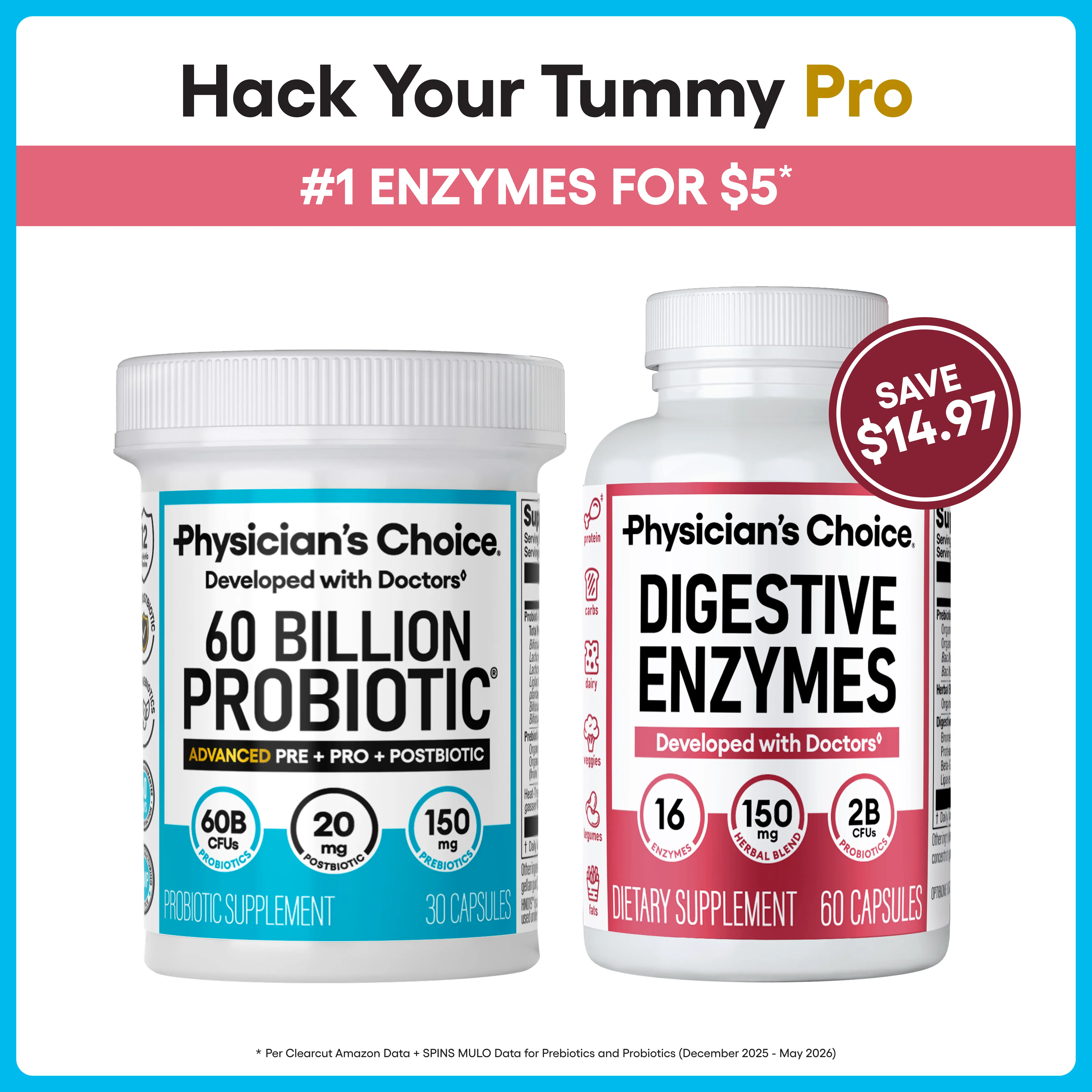 Physician's Choice Hack Your Tummy Pro - Advanced 60 Billion Probiotic for Gut, Mood, Immune & Bloating + Digestive Enzymes for Digestive Health & Discomfort Relief