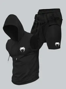 Two-Piece Set Men's Letter Print Hooded Tank Top & Shorts, Regular Fit Casual Sleeveless Top & Shorts for Summer, Men's Clothes for Daily Wear, Gym Clothes Workout, Athletic Workout Clothing