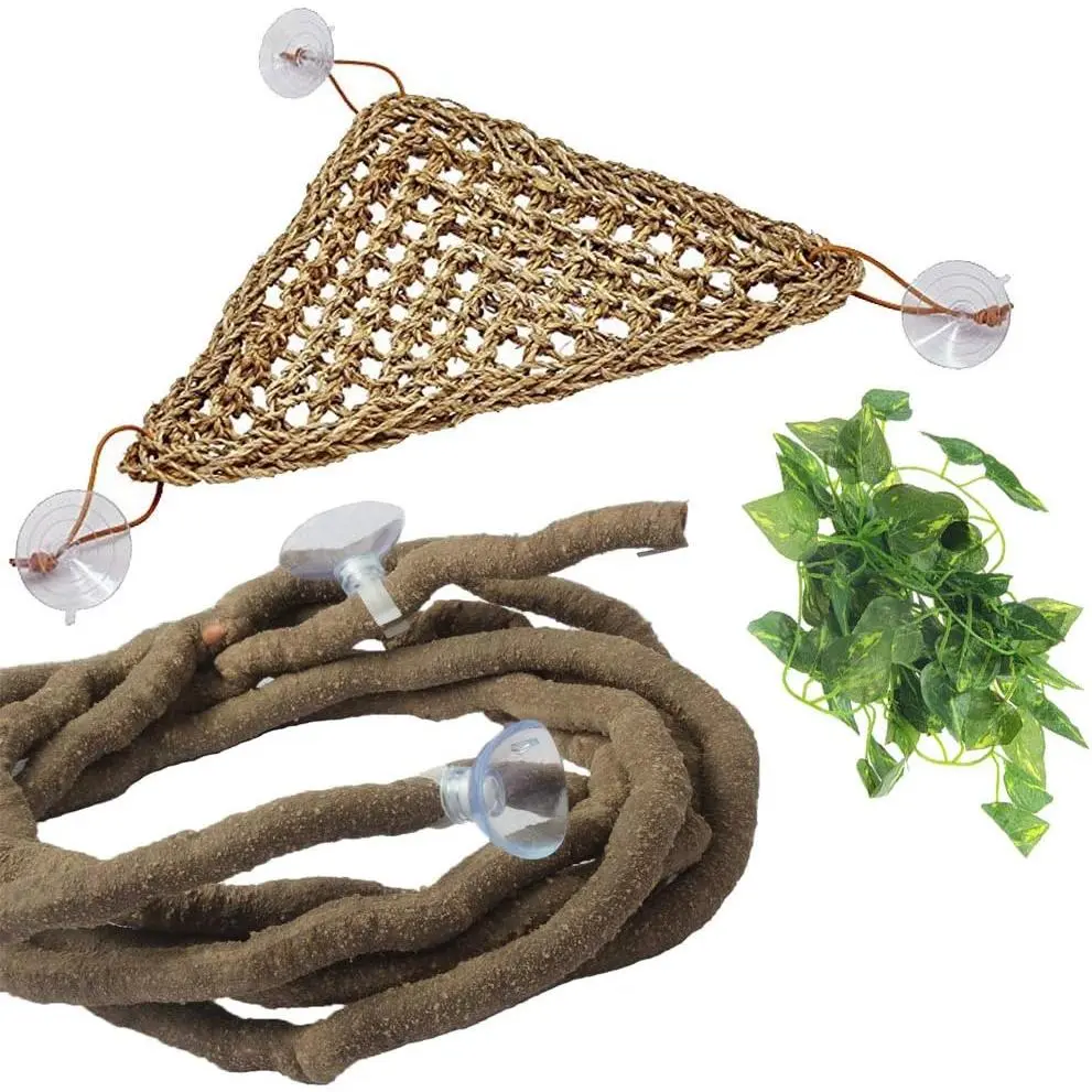 Bearded Dragon Hammock,Bearded Dragon Tank Accessories,Jungle Climber Vines Flexible Reptile Terrarium Leaves with Suction Cups Habitat Decor for Chameleon, Lizards, Gecko, Snakes(3 PCS)
