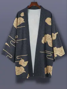 Men's Street Style Loose-Fit Thin Kimono Jacket, Japanese Aesthetic Print Robe Coat, Casual Fashion Half Sleeve Shawl Shirt, Outerwear, Clothes