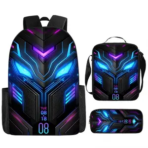 3-piece Cyber ​​Robot Backpack Set for Boys, Neon Futuristic Mecha, Children's Backpack, with Lunch Box, Tote Bag and Pencil Case, Lightweight, Suitable for Primary School Students and Teenagers Back to School, Perfect for School Trips