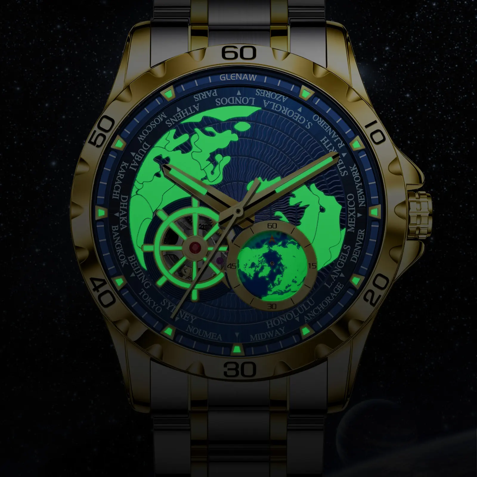 Glenaw Navigator Series Fully Automatic Mechanical Watch Gold and Silver Dual Color Globe and Casual High-end Watch