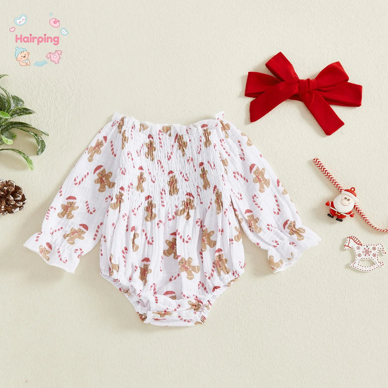 Baby Girl Christmas Outfit, Gingerbread Long Sleeve Smocked Romper and Bow Headband, 2 Piece Set, Casual Baby Girls Set