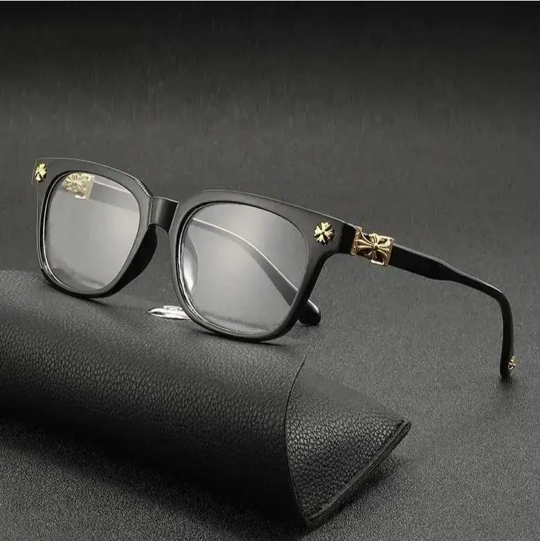 High-End Chrome Hearts Square Eyeglass Frames for Men & Women, Luxury Black Gold Cross Detail Optical Glasses, Premium Designer Style Unisex Frames with Leather Case