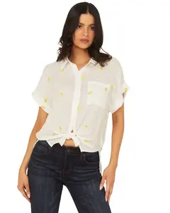 June Women's And Hudson Lemon Embroidered Short Sleeve Tie-Front Top - Ma0924-114E-Wht