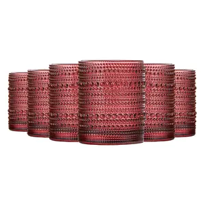 Khen Ruby Red Hobnail Drinking Tumbler | Set of 6 | 11 OZ Bubble Design Vintage Glassware, Beverage Glasses Bubble Water, Wine, Old Fashioned Cocktail, Whiskey Rocks Glass Cup
