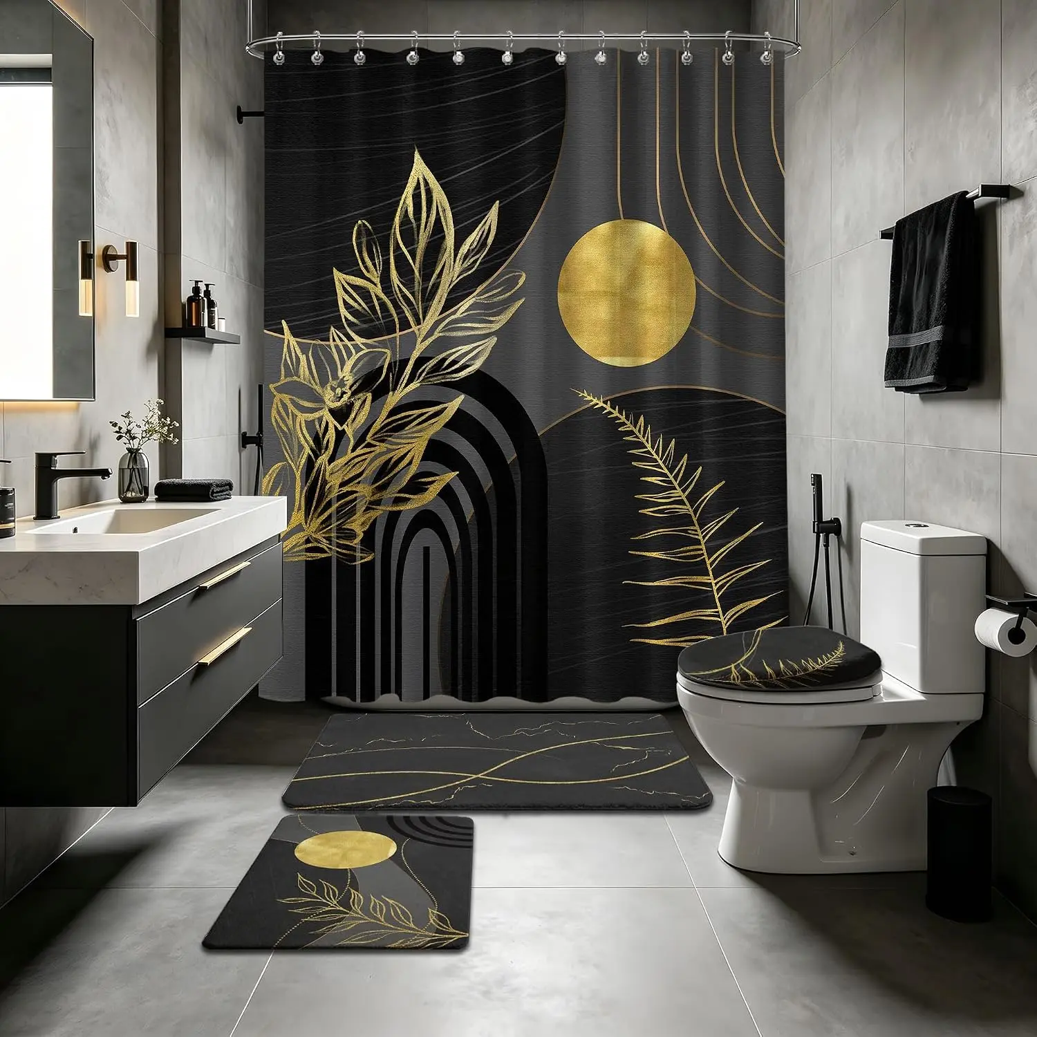 Black Gold Shower Curtain Sets with Rugs, Mid Century Modern Bathroom Decor | Boho Bathroom Sets with Shower Curtain and Mats, Dark Gray Mens Theme, 4 Piece with Toilet Lid Cover,family,u-shaped,farmhouse,Ombre,hook,,Green,Christmas,Tree,sheer,top,window,