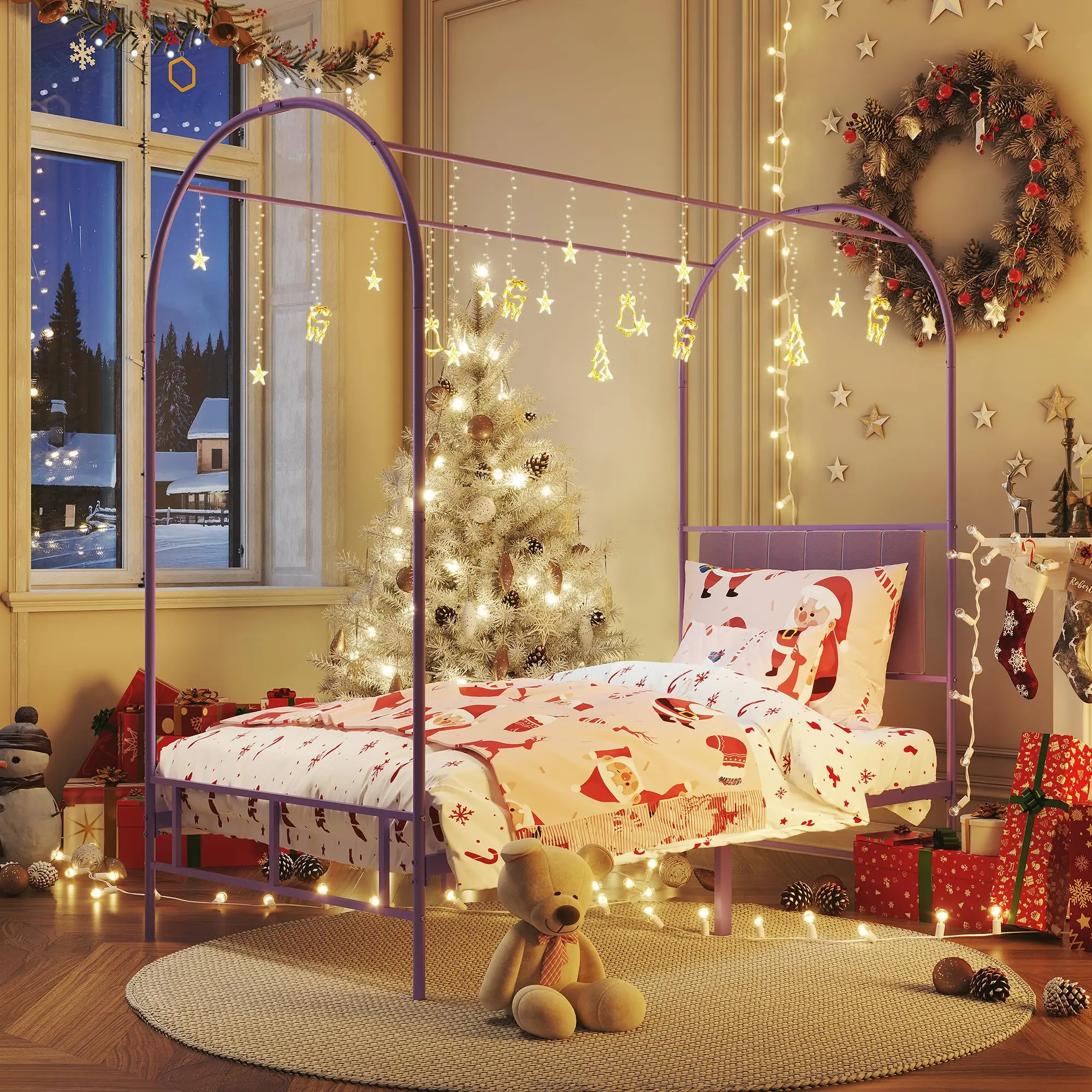 Twin Canopy Bed Frame for Kids - Upholstered with Headboard & Footboard, Arched Mosquito Net Poles, Sturdy Metal Slats, Sherpa Accents, No Box Spring Needed, Durable, Space-Saving, Assembly Required, Dream Room Fit, Purple