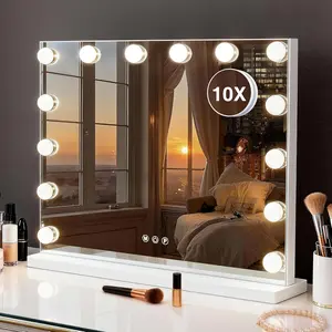 Makeup Mirror with Lights,Hollywood Mirror with 3 Color Modes,Lighted Mirror with Dimmable LED Bulbs &10X Magnification for Desk,Bedroom,Tabletop (White, 20.5" x 15.7")