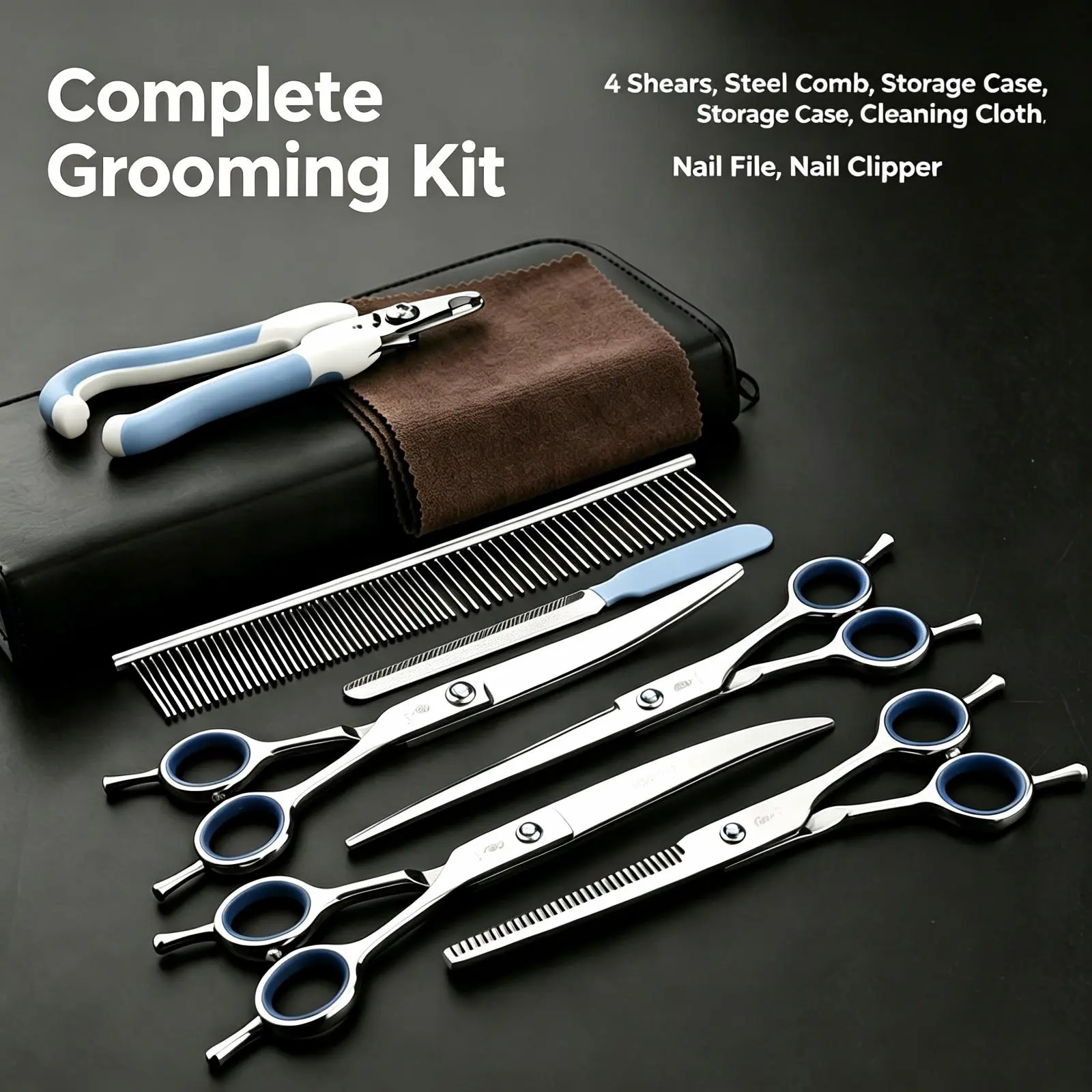 Professional Dog Grooming Scissors Kit with Nail Clipper, Curved Straight Thinning Shears Set Steel Comb Nail File Storage Case for Teddy Small Medium Dogs Cats, Safe Round Tip Pet Hair Trimming Tools for Home DIY Grooming Beginner