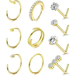 14K  Filled Nose Ring Studs 20G Nose Rings Hoops Stud 316L Stainless Steel Nose Rings Round CZ Heart L Shaped Nose Stud  Nostril   for Women Men 10 count