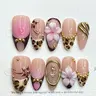 10pcs French Leopard Print Almond-Shaped Handmade Press On Nails, 3D Carved Glamorous Y2K Metallic Finish Gilded Studded Press-On Nail Tips, Nail Art Design, Decorative Nails