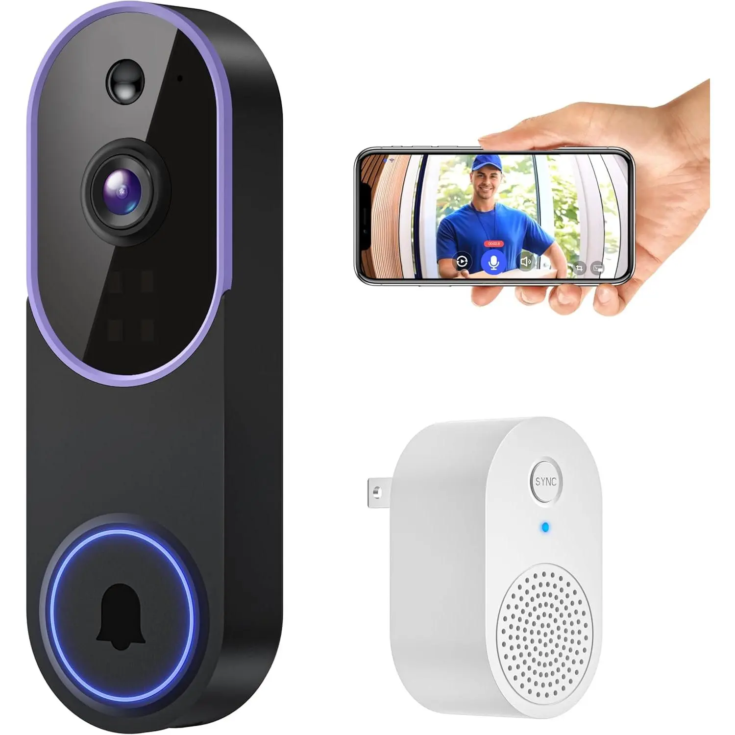 Smart Wireless WiFi Video Doorbell Camera - AI Detection, Motion Sensor, Night Vision, AES-128 Encrypted Cloud Storage, Battery-Powered Cordless Home Security System, 2-Way Audio, Includes Receiver, for Indoor/Outdoor Use (Batteries Included), Both Indoor