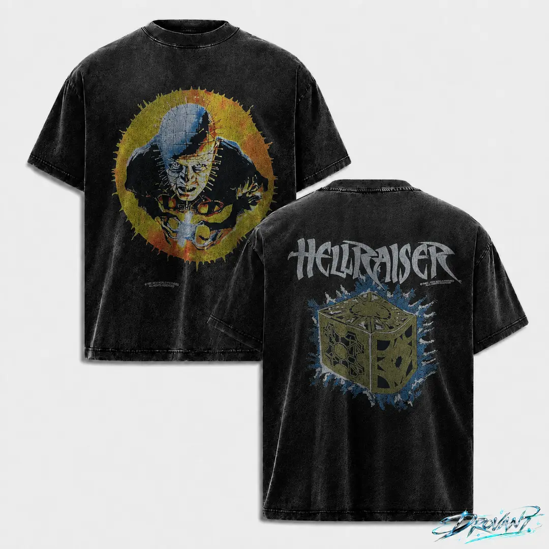 Hellraiser Pinhead Vintage Acid Wash Oversized Double-Sided T Shirt, Unisex horror streetwear y2k clothing graphic tee, A comfortable summer gift oversize wash vintage metal outfit t-shirt
