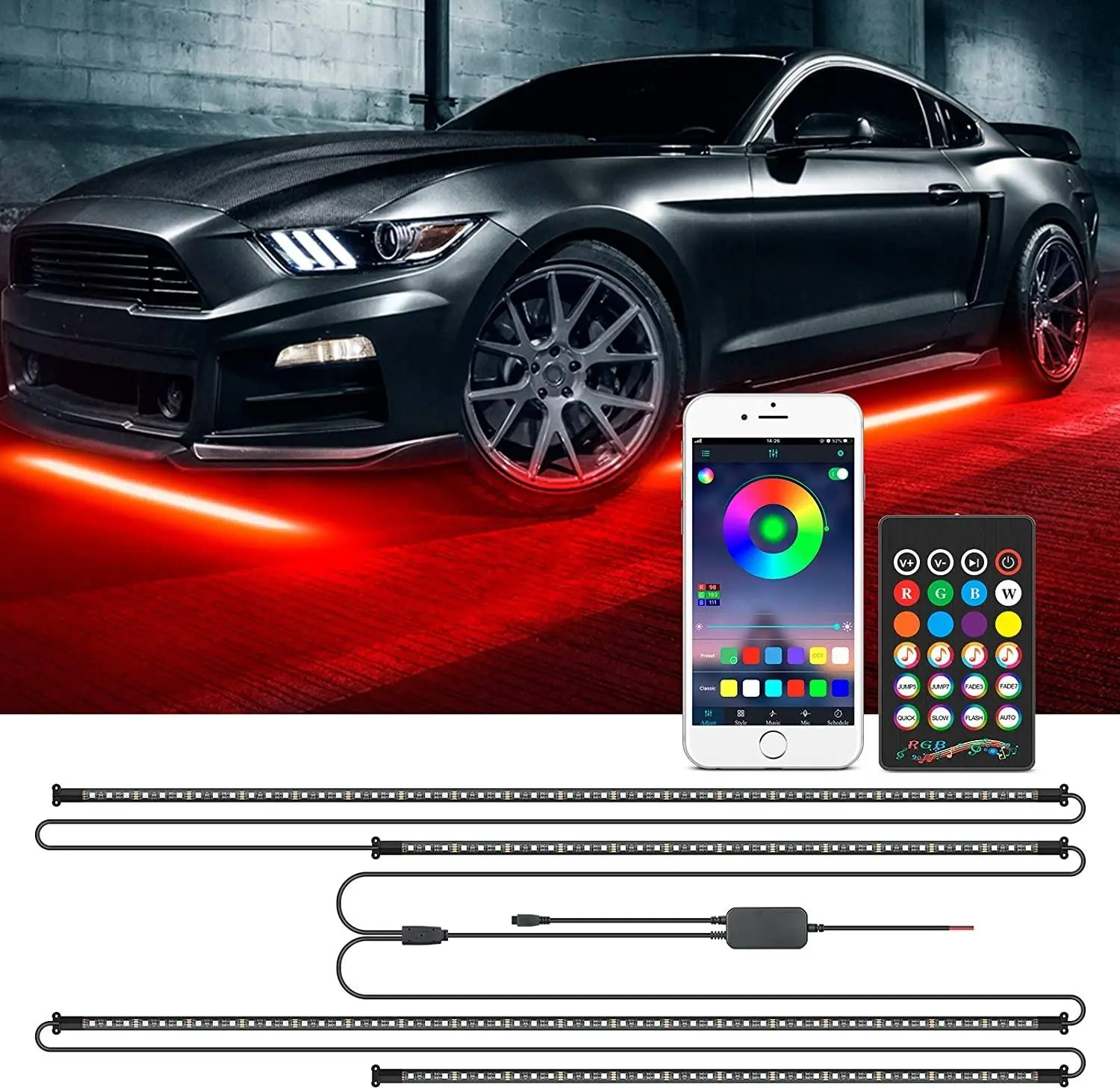 Smart RGB Car Underglow Kit with App & RF Remote - IP67 Waterproof, 16 Million Color LED Light Strips, Music Sync, Universal Fit for All Cars, Trucks, Vans - 12V DC Exterior Lighting