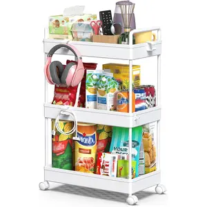3 Tier Rolling Storage Cart with Wheels Slim Craft Nail Makeup Snack Art Baby Utility Cart Organizer on 2 Lockable Wheels for Bathroom Laundry Room Kitchen Bedside Narrow Spaces, White Rack