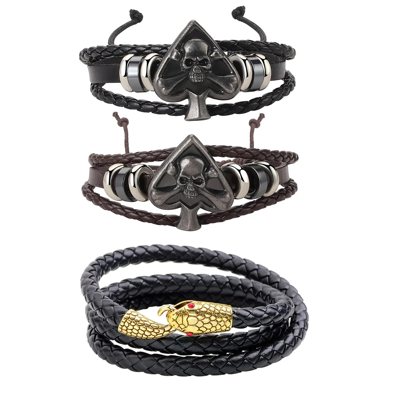 OIDEA Men's Gothic Skull Ace of Spades Poker Card Leather Bracelet Set, 3-Piece Braided PU Snake Wrap Cuff Stack in Brown Black and Gold