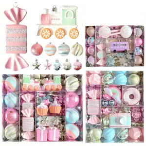 Pink & Blue 34/58pcs Macaron Candy Box Assortment, Plastic Christmas Ornaments, Colorful Painted Spherical Hanging Decorations for Home & Kitchen Holiday Decor, No Power Required, for Christmas, New Year, General Holidays, Hanging Pendants