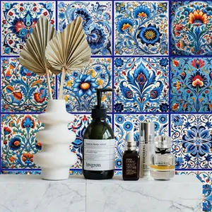 1set 20pcs Waterproof Blue Elegant Turkish Tile Wall Stickers, Background Ocean Style Tiles, 20 Pieces 3.93"x3.93" 3D Effect, Suitable for Kitchen Bathroom
