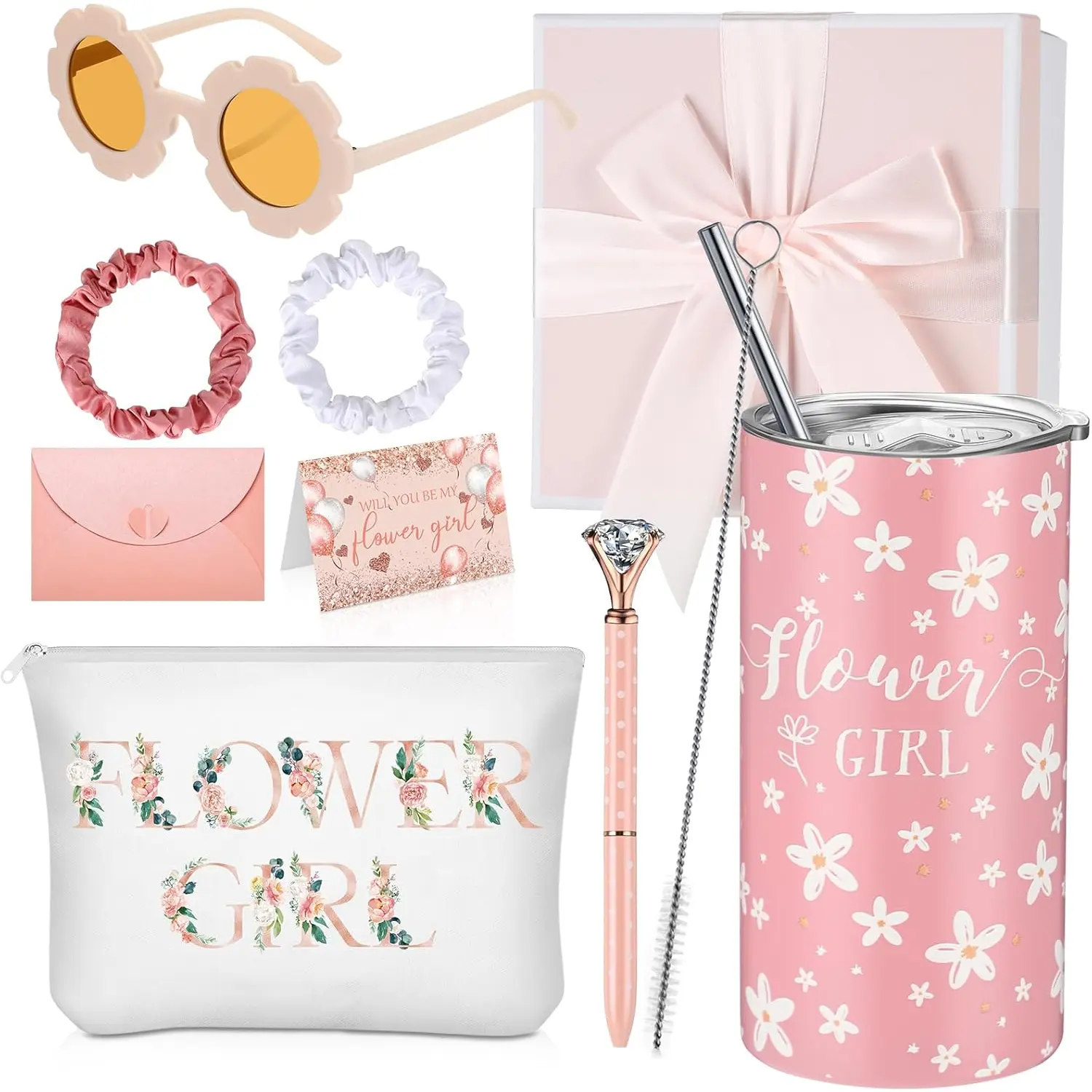 Sieral 9 Pcs Flower Girl Proposal Gifts Set Personalized Flower Girl Tumbler with Straw Bride Gift Box Canvas Bag Sunglasses Hair Ring Diamond Pen Envelope Bride Gift for Wedding(Pink,Flower) Sieral