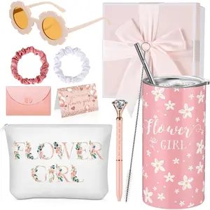 Sieral 9 Pcs Flower Girl Proposal Gifts Set Personalized Flower Girl Tumbler with Straw Bride Gift Box Canvas Bag Sunglasses Hair Ring Diamond Pen Envelope Bride Gift for Wedding(Pink,Flower) Sieral