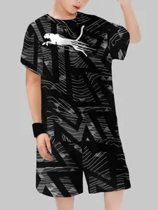 Boys' Geometric Pattern Leopard Print Short Sleeve Shorts Set, Summer Casual Sports Two-Piece, Fitted Design Random Print