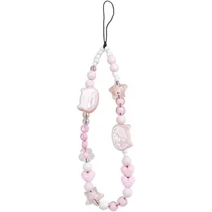 Mobile Phone Chain Strap Cute Kitten   Flower Heart Beaded Phone Case Charm Beaded Mobile Phone Lanyard Wrist Strap  Anti-Lost Phone String Bracelet  Charm for Women Girls