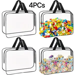 4pcs Reusable Transparent PVC Storage Bags, Zipper Travel Pouches for Toys, Blocks, Puzzles, Books, Halloween & Christmas