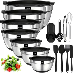 Black Stainless Steel Mixing Bowl Set, 7 Counts/set, Mixing Bowl with 13 Functional components, Perfect for Baking, Serving, Storing, Kitchen Organization, Salad Serving Bowls