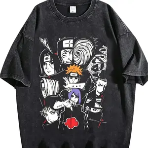 .Naruto Akatsuki Members Graphic T-Shirt, Vintage Washed Distressed Oversized Anime Tee, Retro Red Cloud Ninja Villain Streetwear Top for Men Women, Anime Lover & Naruto Fan Gift Shirt.trendy t-shirts